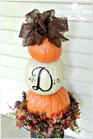 Fall decorating ideas - pumpkin topiary from Jennferdecorates.com